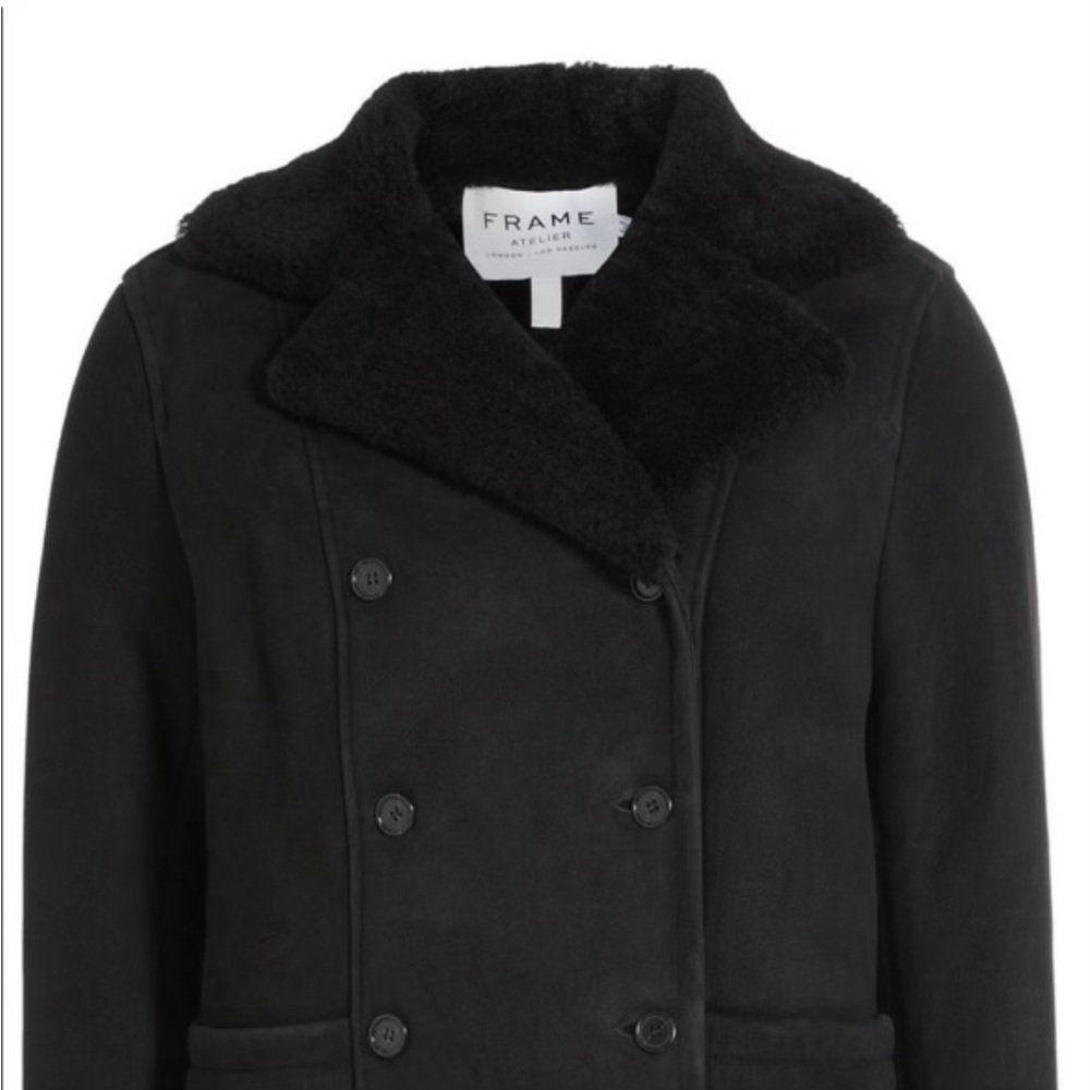 Frame Denim Black Pea Coat with real shearling Collar